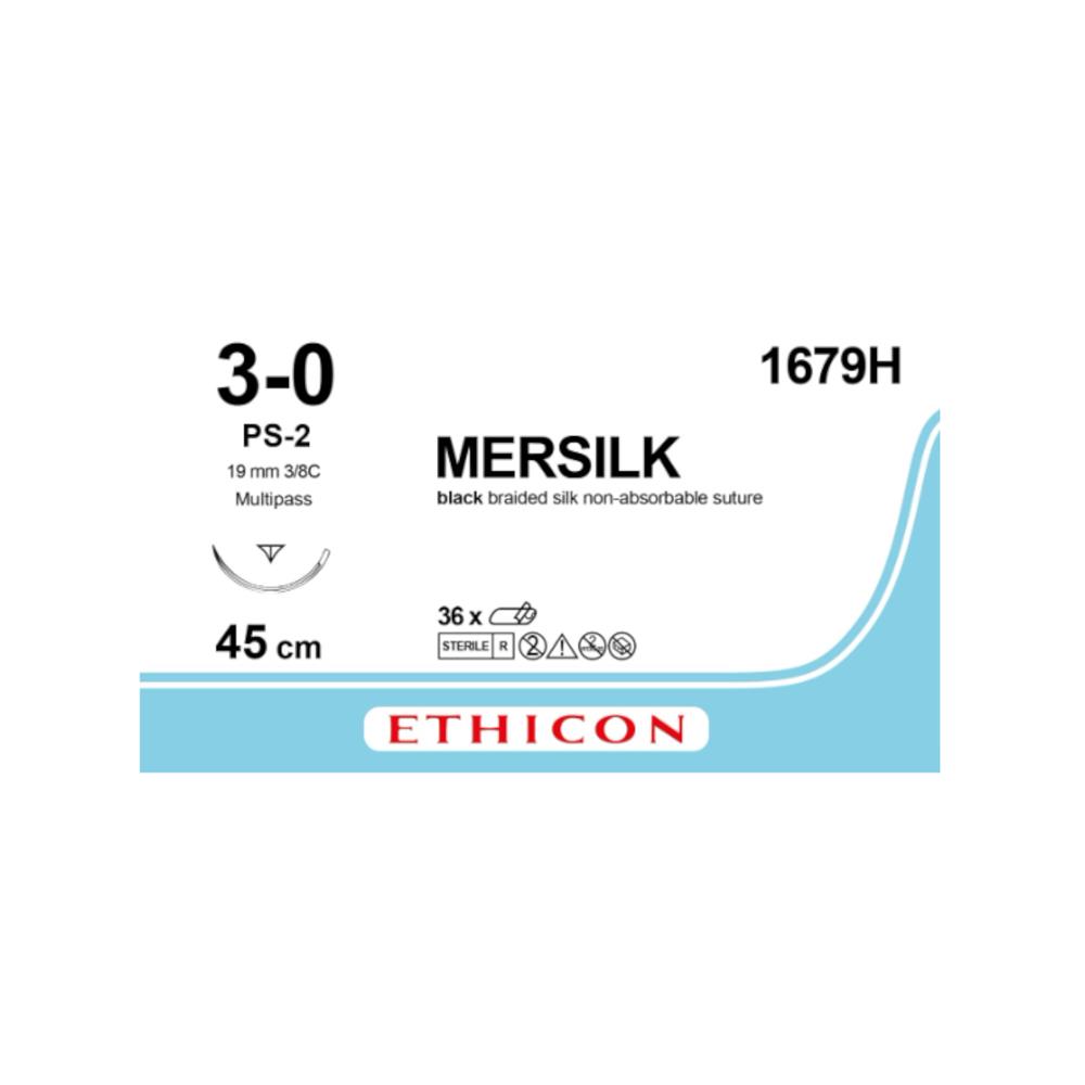 Ράμμα Mersilk No 3/0 με βελόνα 19mm Αντ. Κόπτουσα Πλαστικής P, Multipass 3/8 κύκλου,μήκος ράμματος 45cm