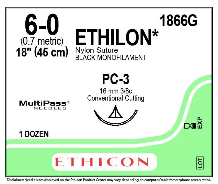 Ράμμα Ethilon No 6/0 με βελόνα 16mm Κόπτουσα Πλαστικής P Multipass 3/8 κύκλου,μήκος ράμματος 45cm