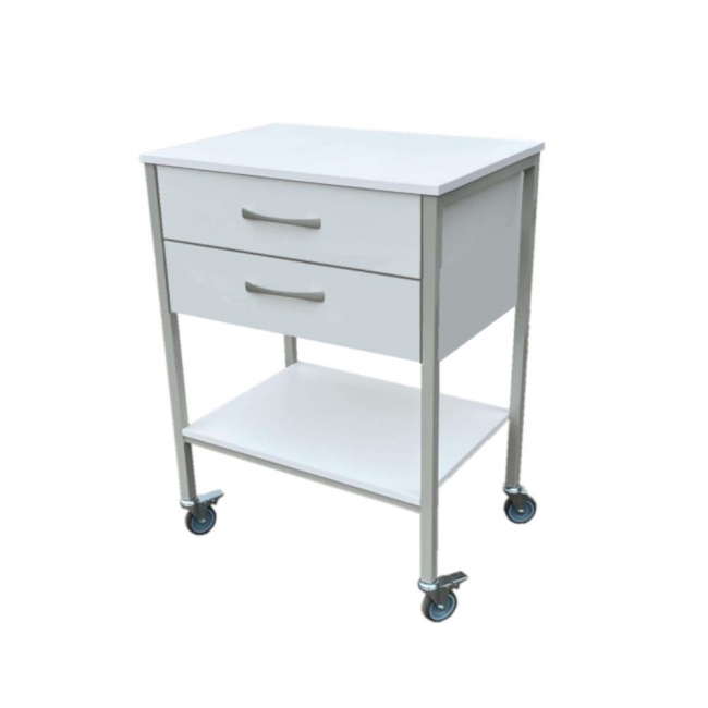 Metallic medical trolley table with 1 shelf and 2 drawers without protective rail 60x45x90cm